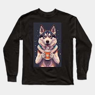 Siberian husky drinking coffee Long Sleeve T-Shirt